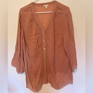 Sheer J.Jill Tunic Blouse with embroidered detail - size 2X dusty rose